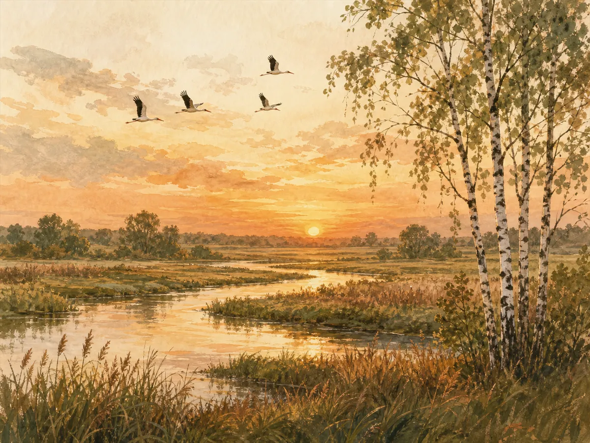 Ilustracja: podlaska łąka nad rzeką o zachodzie słońca